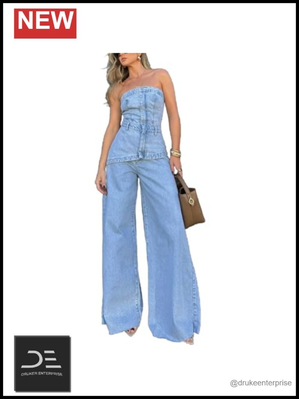 Denim 2 Piece Set Women Off Shoulder Sleeveless Top Wide Leg Jeans Y2K